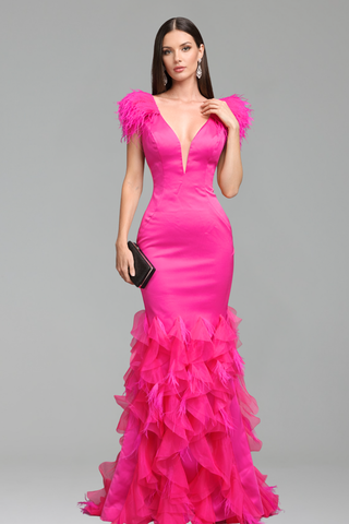Feather Ruffle Mermaid Gown - LAROSABRIDE