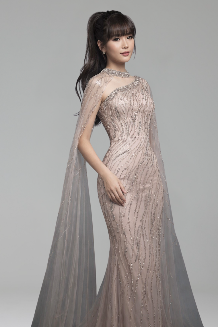 Beaded Cape Mermaid Gown