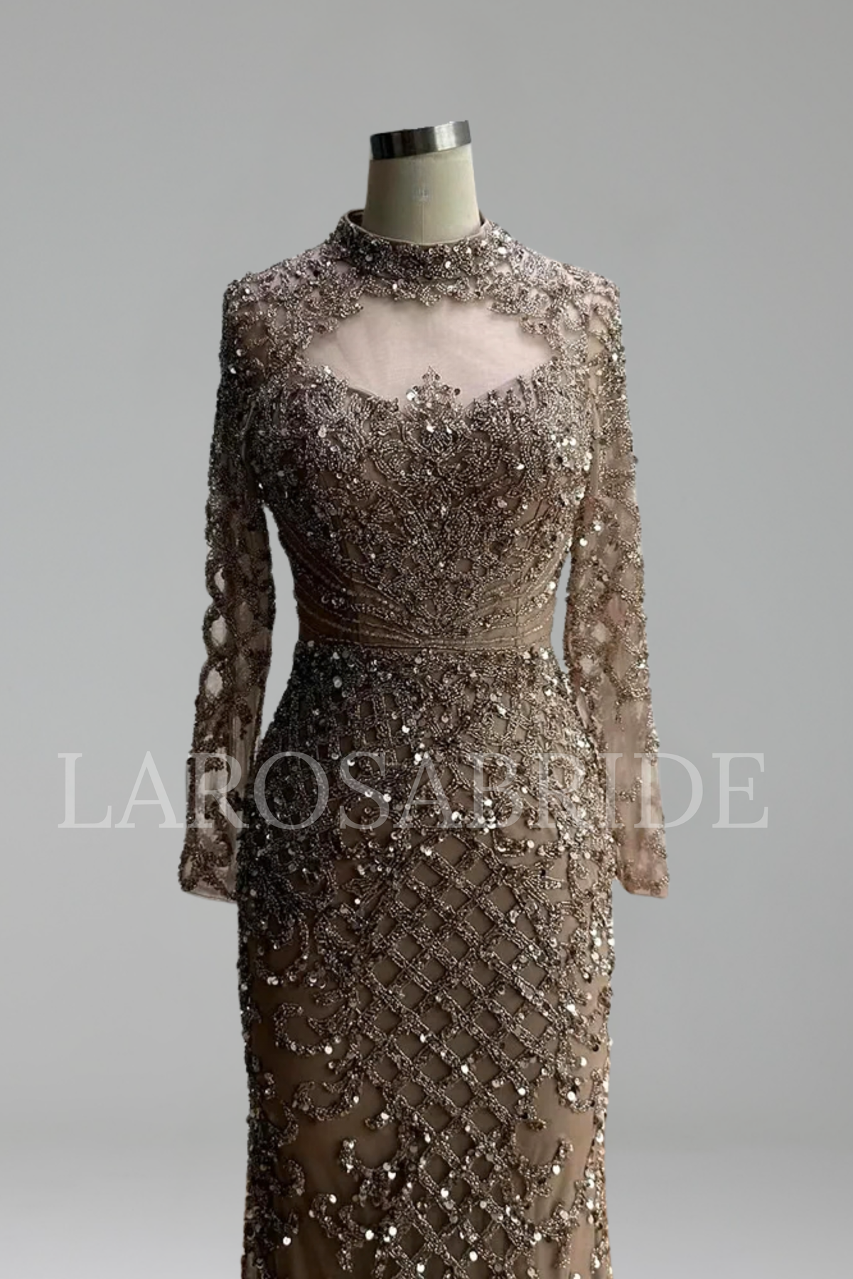 Caramel Beaded Mermaid Gown with High Neck - LAROSABRIDE