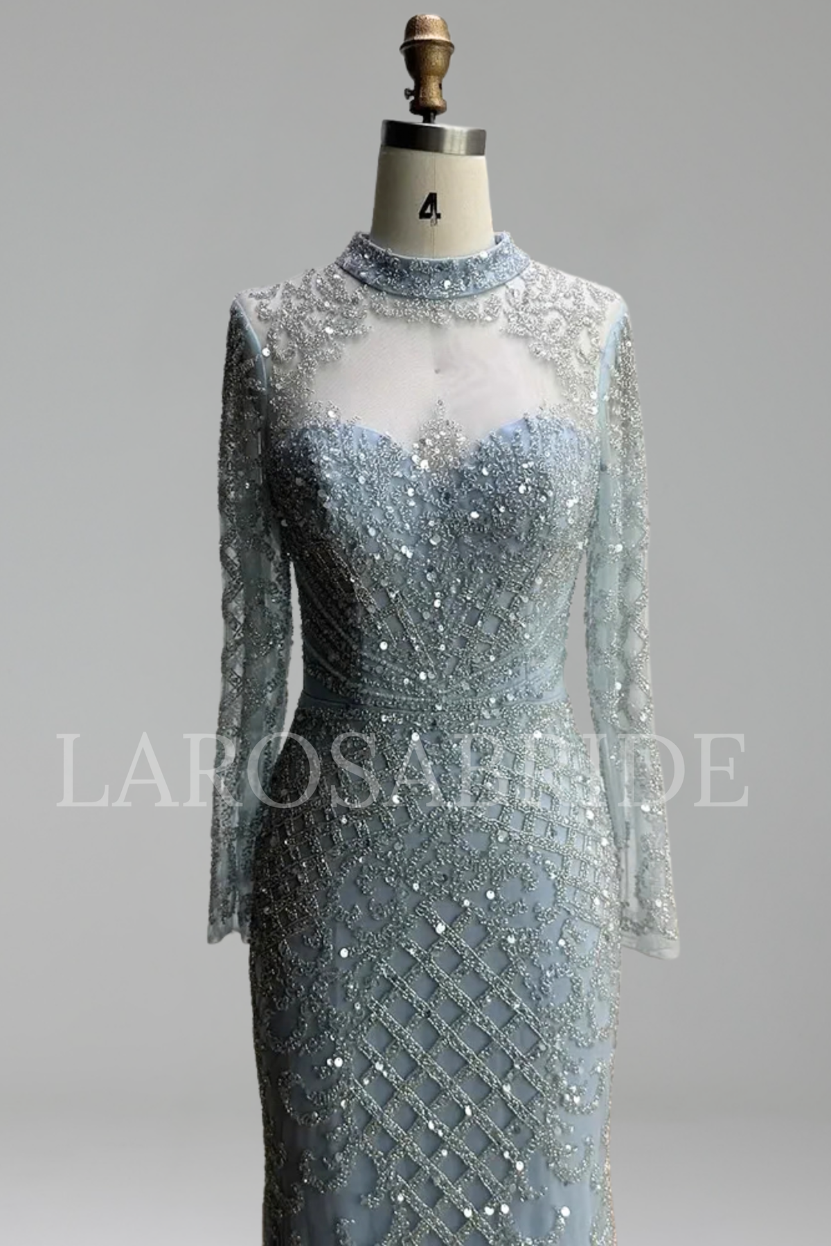 Caramel Beaded Mermaid Gown with High Neck - LAROSABRIDE