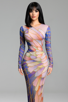 Abstract Embellished Sheer Bodycon Maxi Dress - LAROSABRIDE