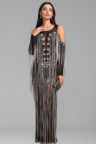 Crystal Fringe Cold Shoulder Gown - LAROSABRIDE