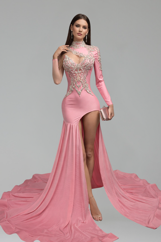 Pink Asymmetric Embellished High Slit Gown - LAROSABRIDE