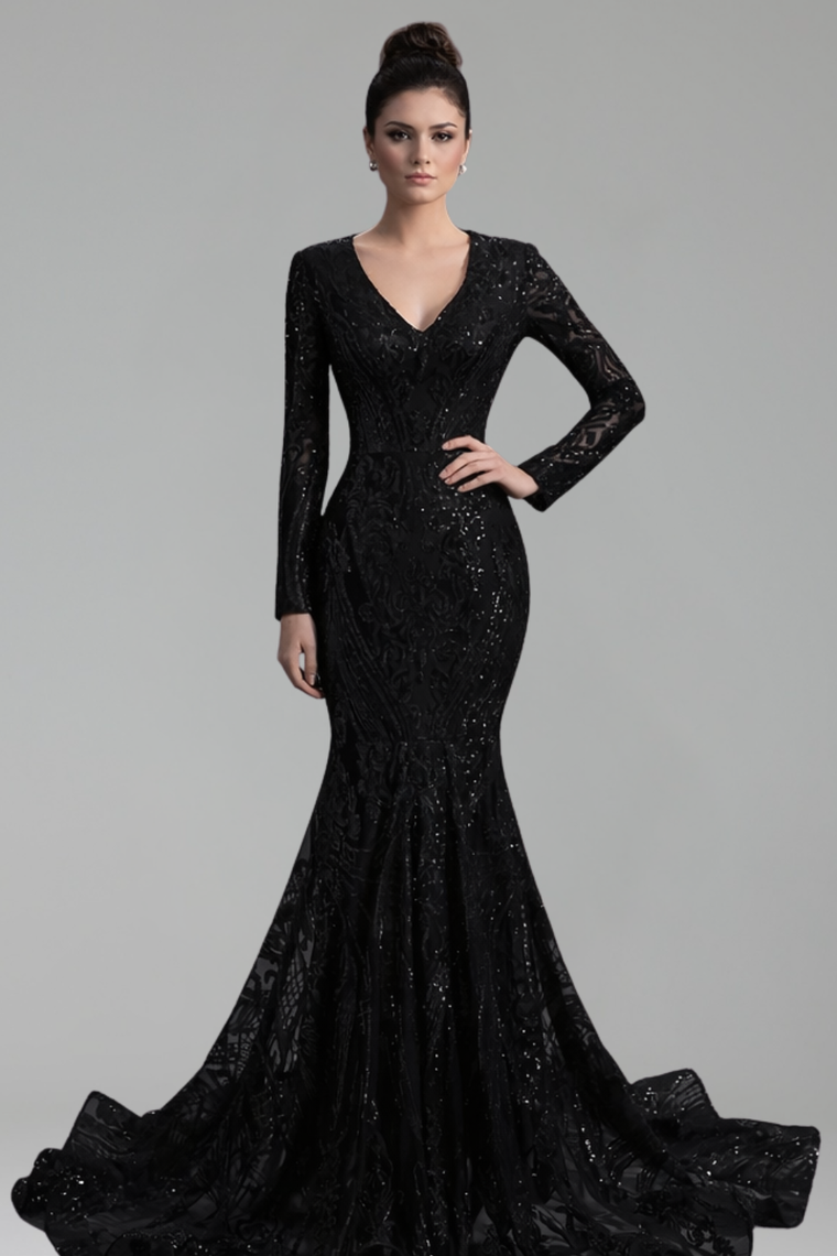 Long-Sleeve Sequin Mermaid Gown