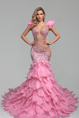 Feathered Illusion Mermaid Evening Dress - LAROSABRIDE