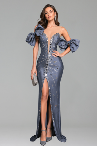 Steel Blue Bow Accent Gown - LAROSABRIDE