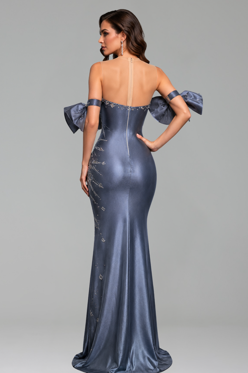 Steel Blue Bow Accent Gown - LAROSABRIDE