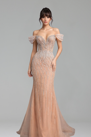 Off-Shoulder Beaded Tassel Gown - LAROSABRIDE