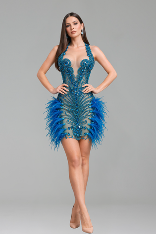 Embellished Halter Feather Mini Dress - LAROSABRIDE