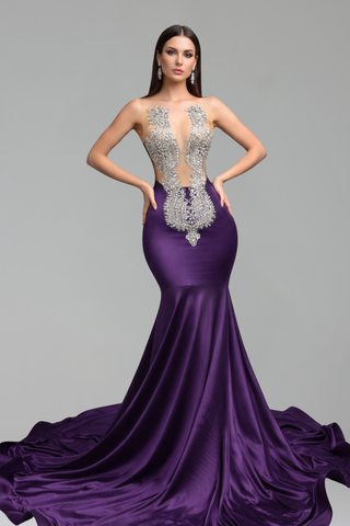 Illusion Beaded Satin Mermaid Gown - LAROSABRIDE