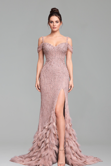 Feather Beaded Split Mermaid Gown - LAROSABRIDE