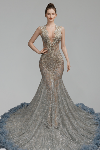Beaded Illusion Mermaid Feather Gown - LAROSABRIDE
