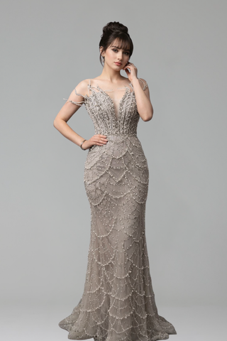 Pearl Beaded Strapless Mermaid Dress - LAROSABRIDE