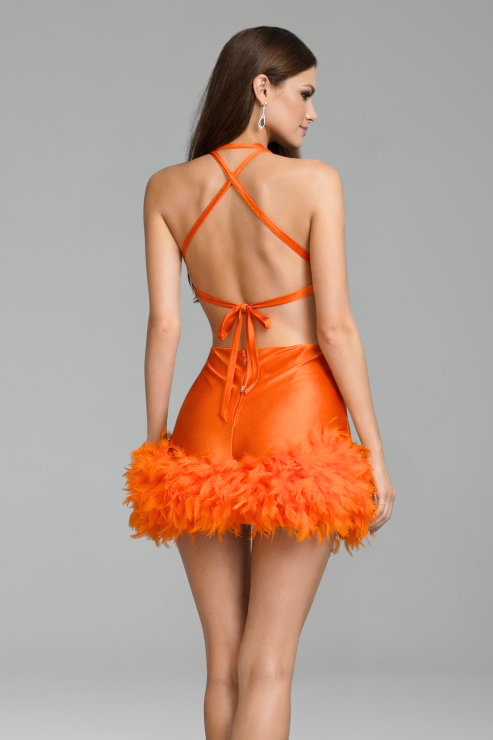 Orange Embellished Plunge Feather Mini Dress - LAROSABRIDE