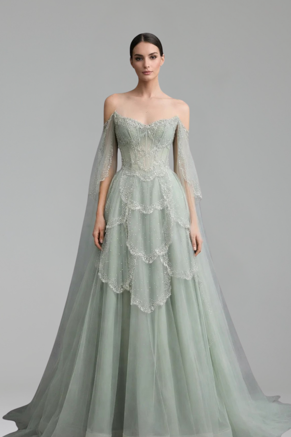 Off Shoulder Beaded Cape Dress - LAROSABRIDE