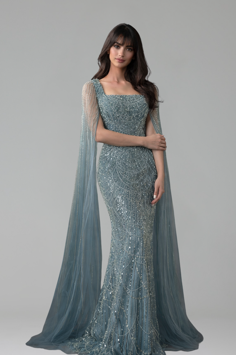 Pearl Beaded Cape-Sleeve Mermaid Dress