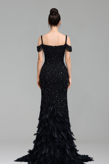 Feather Beaded Split Mermaid Gown - LAROSABRIDE