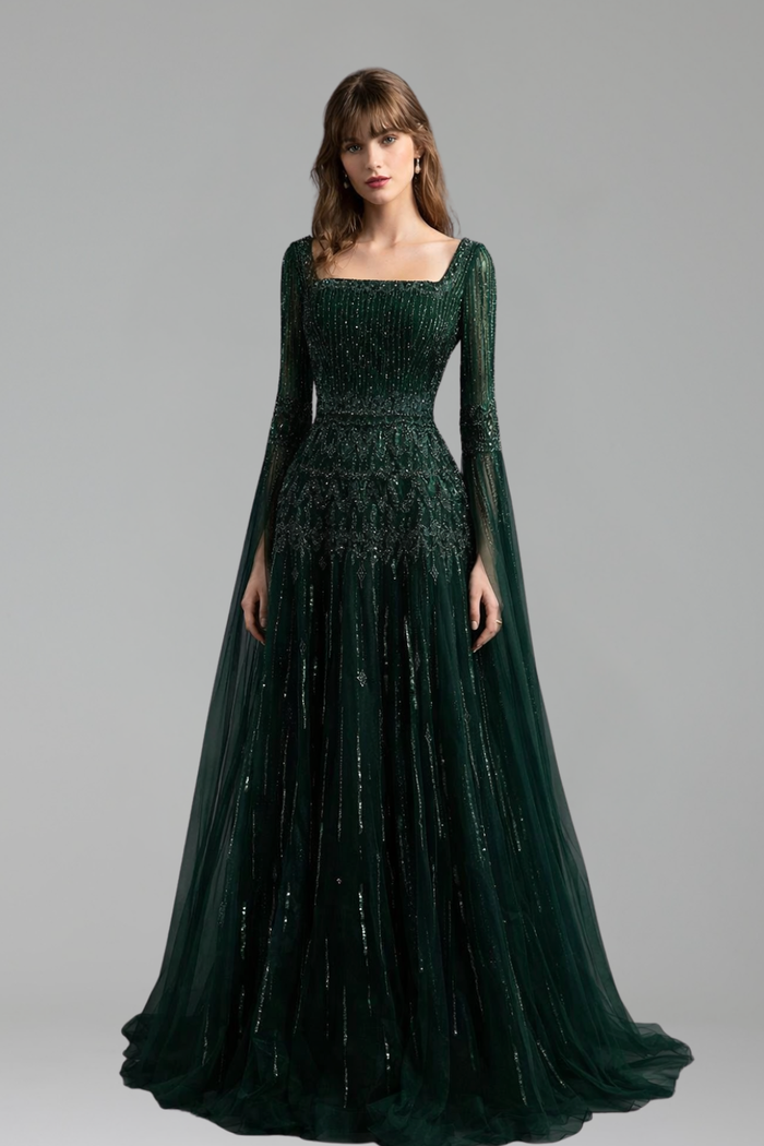 Beaded A-Line Cape Dress