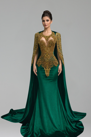 Beaded Cape Sleeve Mermaid Gown - LAROSABRIDE