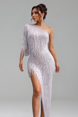 One-Shoulder Fringe Cocktail Dress - LAROSABRIDE