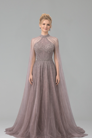 Crystal Beaded A-Line Cape Dress - LAROSABRIDE