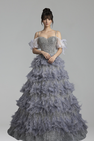 Gray Beaded Feather A Line Dress - LAROSABRIDE