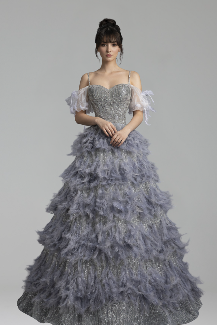 Gray Beaded Feather A Line Dress