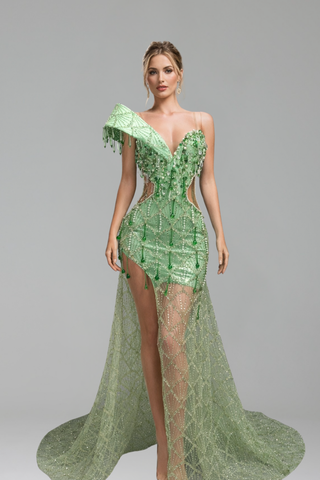 Asymmetric Beaded High Slit Gown - LAROSABRIDE