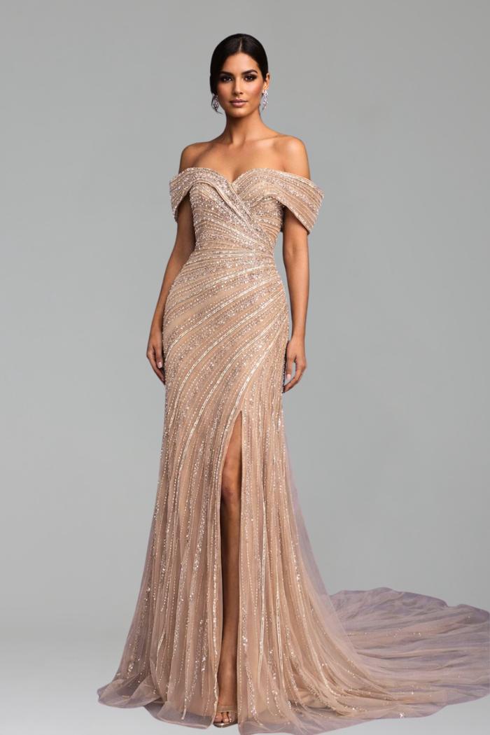 Beaded Mermaid Split Evening Dress