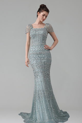 Beaded Short-Sleeve Mermaid Dress-Larosabride