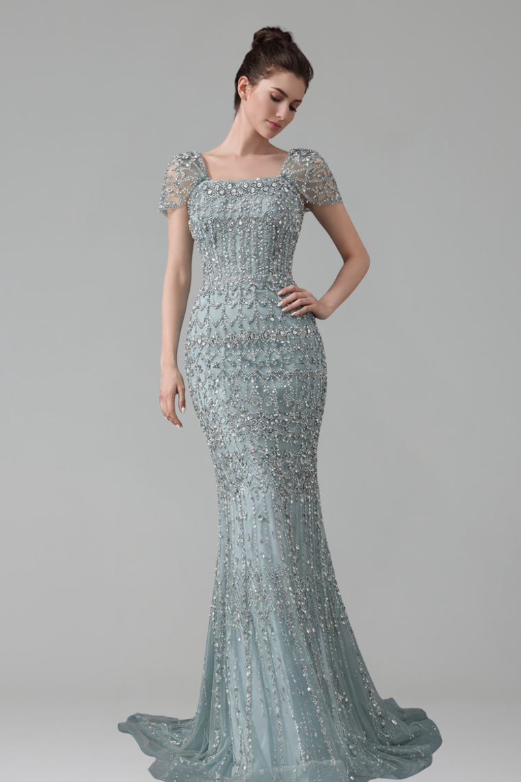 Beaded Short-Sleeve Mermaid Dress