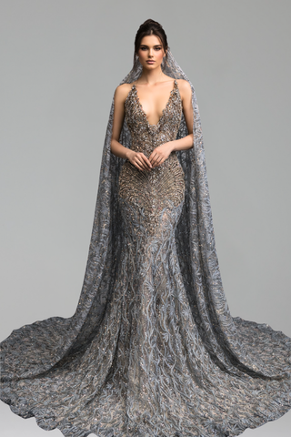 Beaded Deep Neckline Cape Dress - LAROSABRIDE