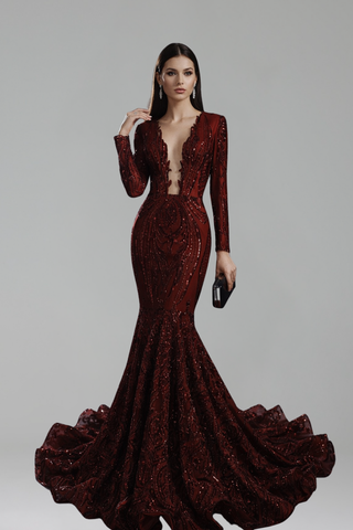 Long Sleeve Deep V Mermaid Gown - LAROSABRIDE