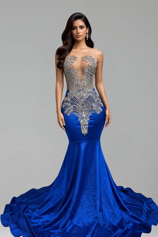 Beaded Illusion Mermaid Train Gown - LAROSABRIDE