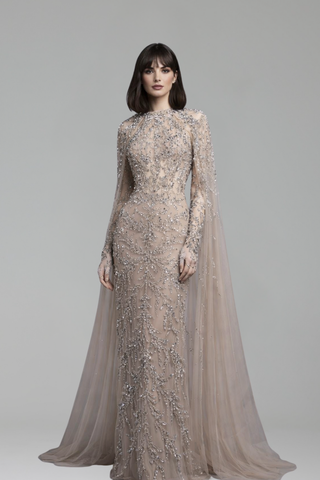 Beaded Cape Sleeve Mermaid Dress - LAROSABRIDE