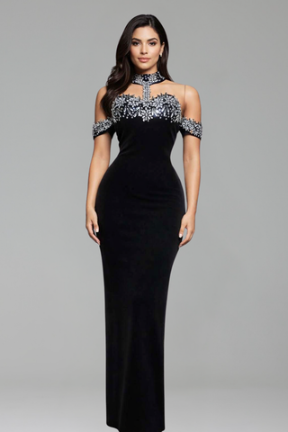 High-Neck Embellished Column Gown-Larosabride