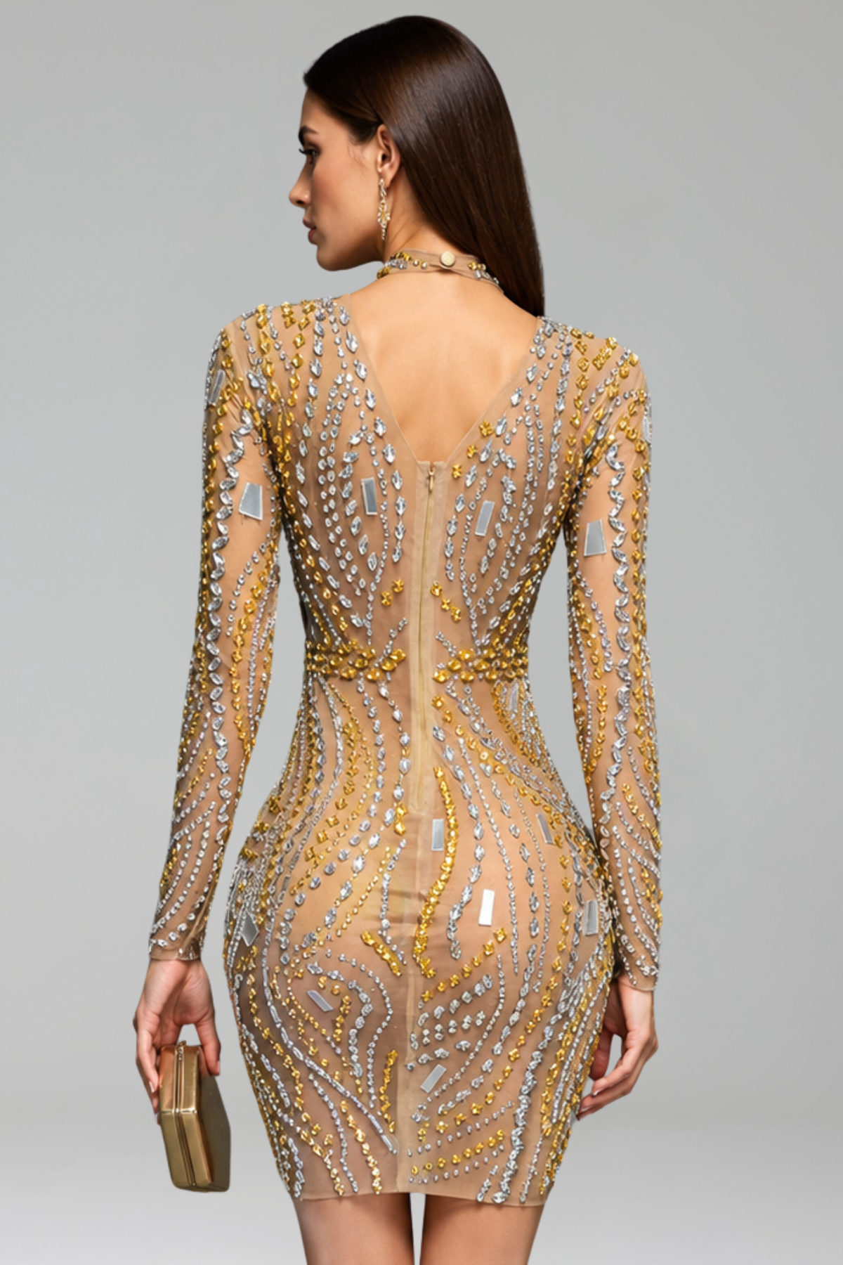 Golden Crystal Illusion Mini Dress - LAROSABRIDE