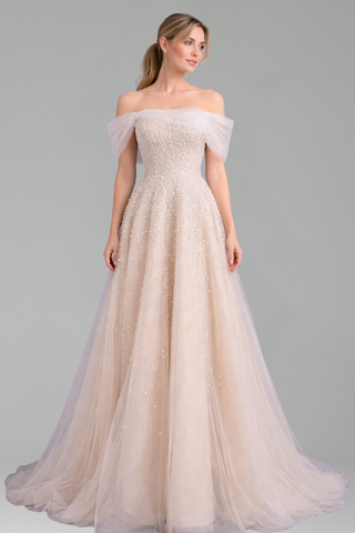 Off Shoulder Beaded Evening Dress - LAROSABRIDE
