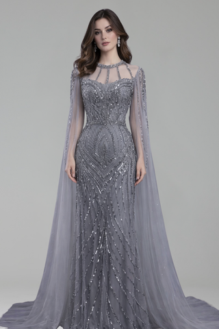 Beaded Mermaid Dress with Cape Sleeves - LAROSABRIDE