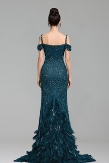 Feather Beaded Split Mermaid Gown - LAROSABRIDE