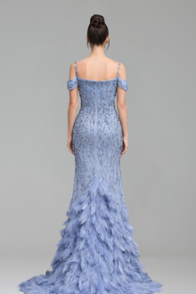 Feather Beaded Split Mermaid Gown - LAROSABRIDE