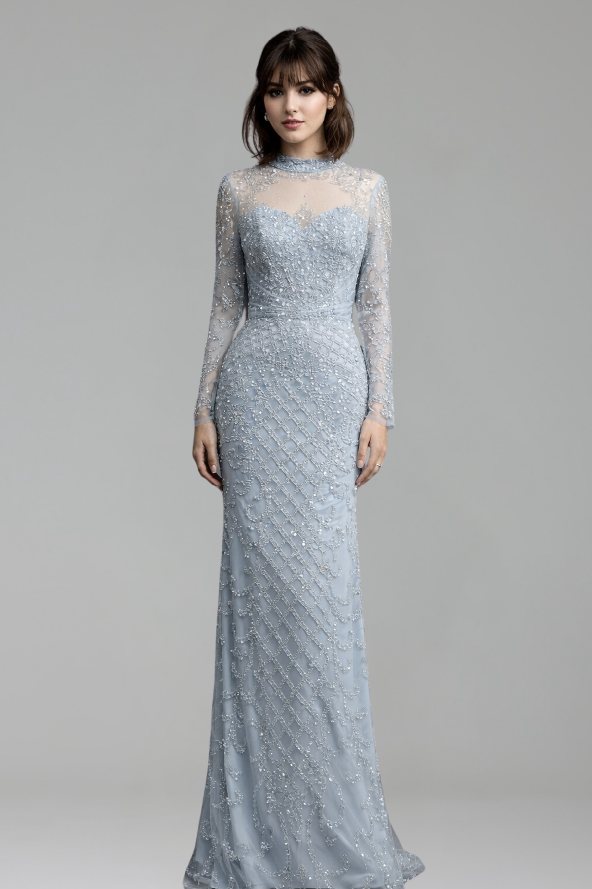 Caramel Beaded Mermaid Gown with High Neck - LAROSABRIDE
