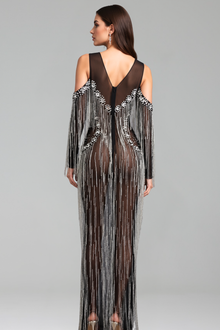 Crystal Fringe Cold Shoulder Gown - LAROSABRIDE