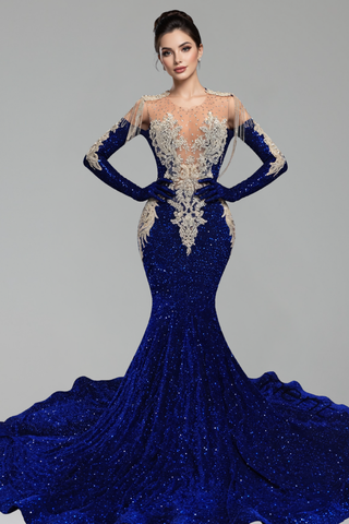 Beaded Illusion Long Sleeve Mermaid Gown - LAROSABRIDE