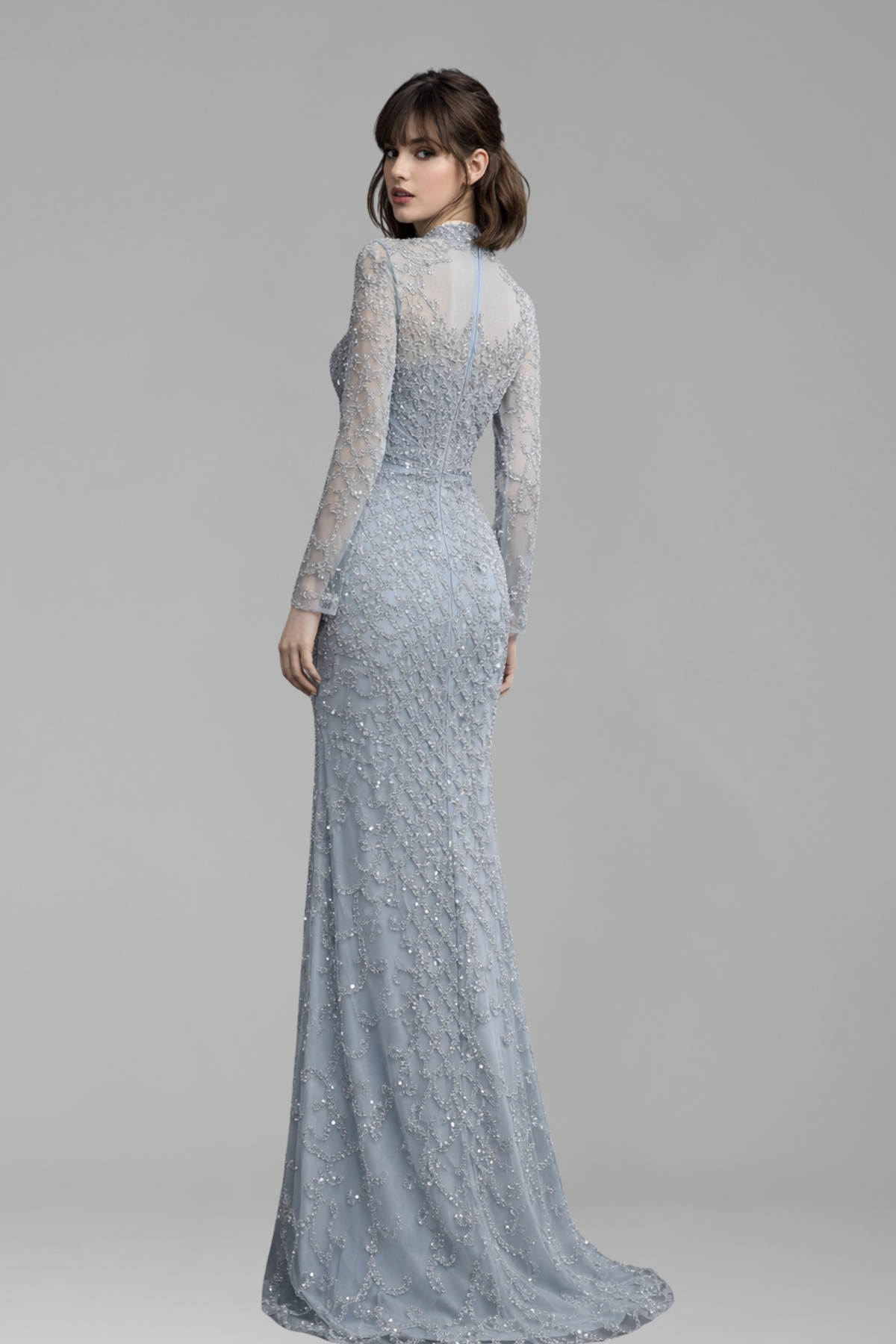 Caramel Beaded Mermaid Gown with High Neck - LAROSABRIDE