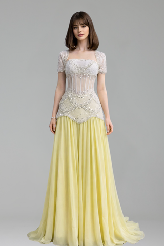 Yellow Pearls A-Line Evening Dress - LAROSABRIDE