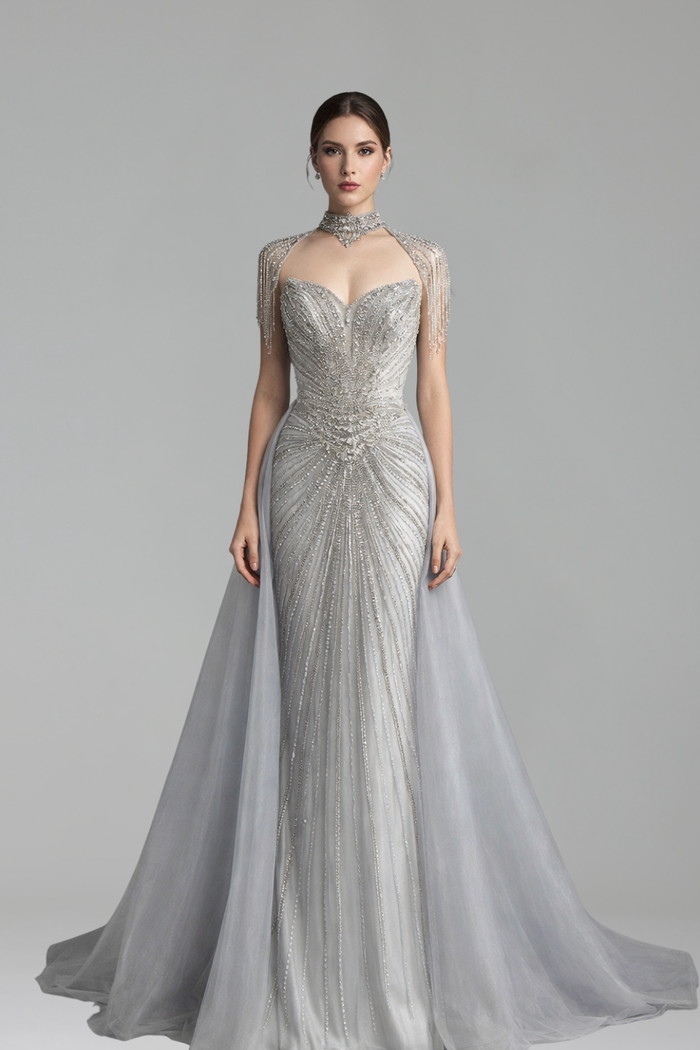 Beaded Tassel Overskirt Gown