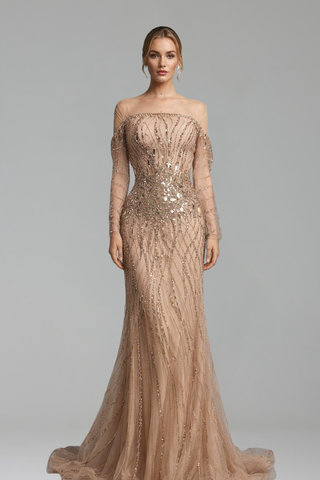Off-Shoulder Beaded Mermaid Dress-Larosabride