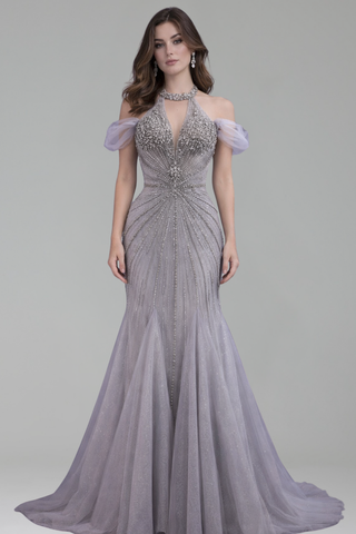 Off Shoulder Feather Beaded Mermaid Gown - LAROSABRIDE
