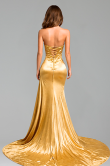 Strapless Draped High Slit Gown - LAROSABRIDE